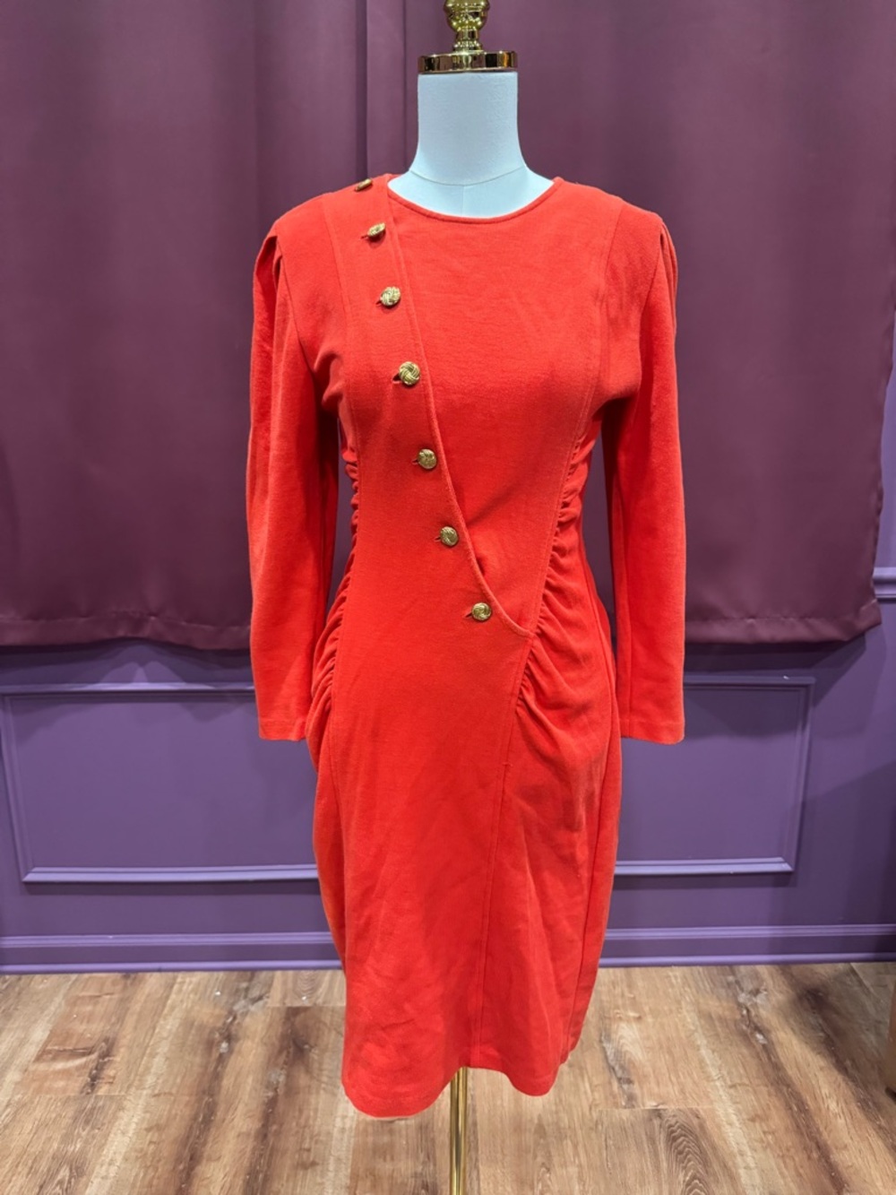 Vintage 80’s Red Long-Sleeve Button Accent Women's Dress
